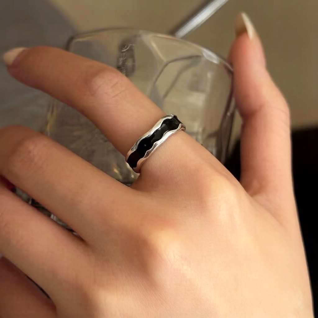 S925纯银3.7黑色滴釉食指戒指女小众设计高级感时尚个性开口戒子