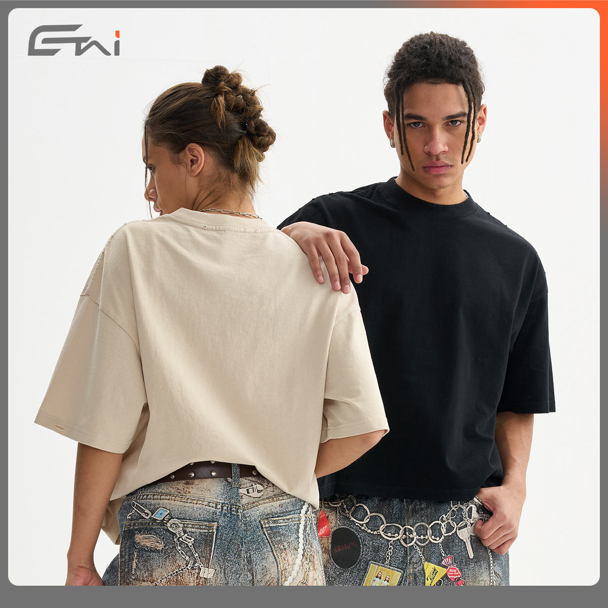 ETAI Men's Wear: High-quality, heavyweight pure cotton boxy short-sleeved men's T-shirts, a trendy brand of worn-out loose men's T-shirts details Picture