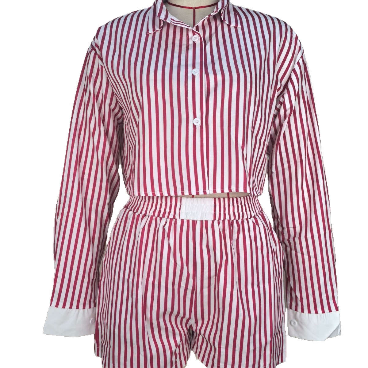 L5521 European and American women's clothing, Amazon AliExpress, stylish and commuting striped lapel shirt and shorts two-piece set Item Picture