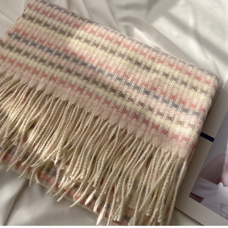 Wholesale of the 2021 new Korean style colorful checkered student warm and thick scarf, faux cashmere tassel shawl from street stalls details Picture