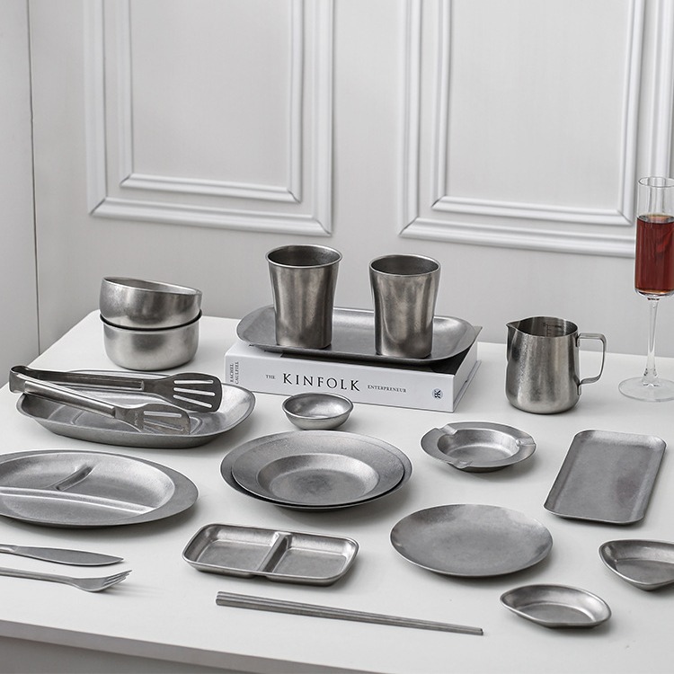 复古304不锈钢餐具 日韩做旧碗水杯骨碟深餐盘筷子长方盘烤肉火锅