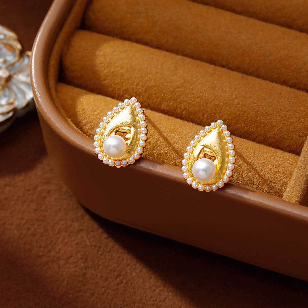 Hyacinth diseño original antiguo francés cobre chapado en arena oro pendientes de gota de agua para mujeres lujo ligero alto sentido temperamento versátil perlas orejeras