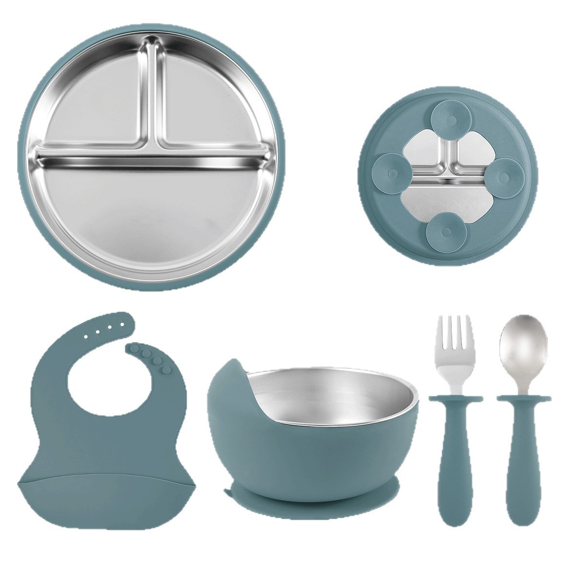 Cross-border baby plates, anti-drop 304 stainless steel compartments, silicone bowls, baby suction cup type children's tableware set Item Picture