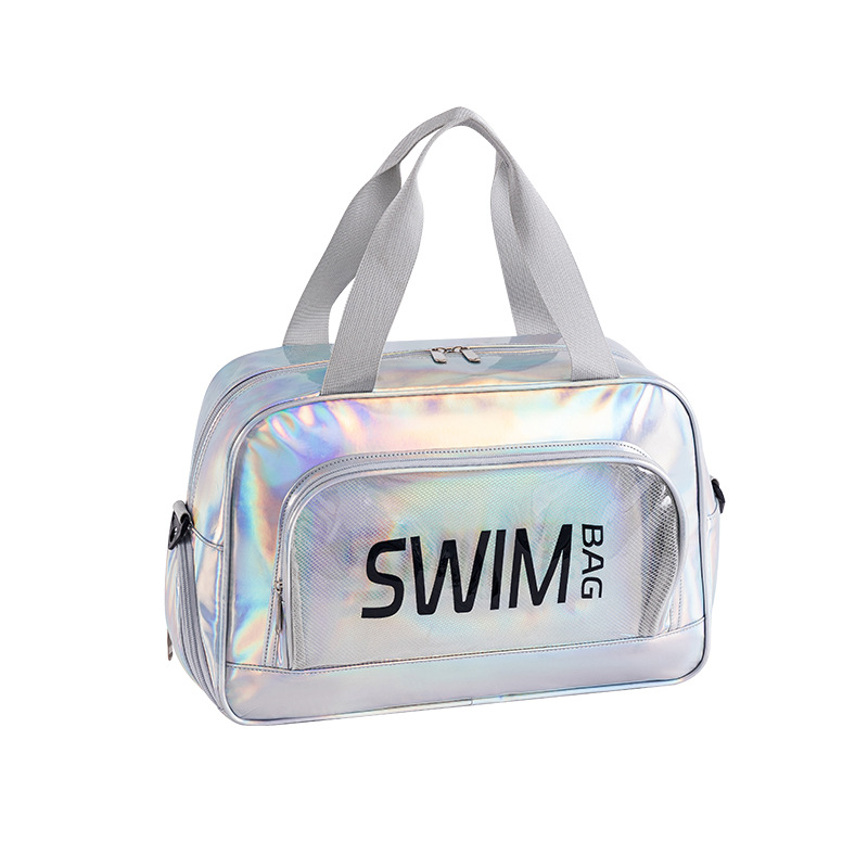 炫彩镭射防水干湿分离斜跨单肩包短途差旅游泳健身沙滩手提收纳包白底实物图