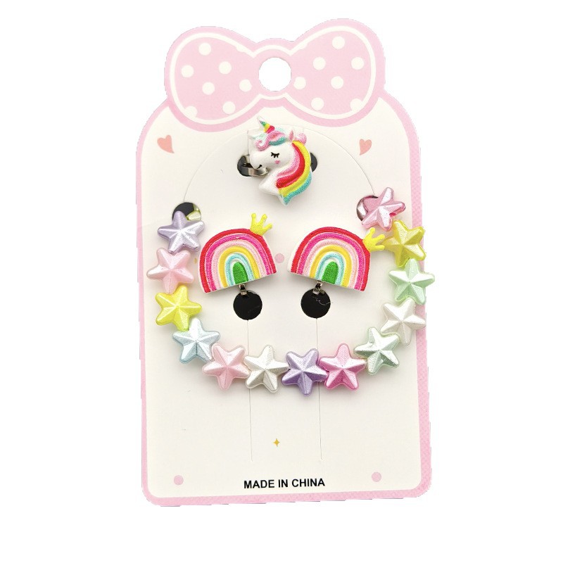 【可以】儿童卡通耳夹戒指手链套装可爱独角兽美人鱼女孩礼物玩具白底实物图