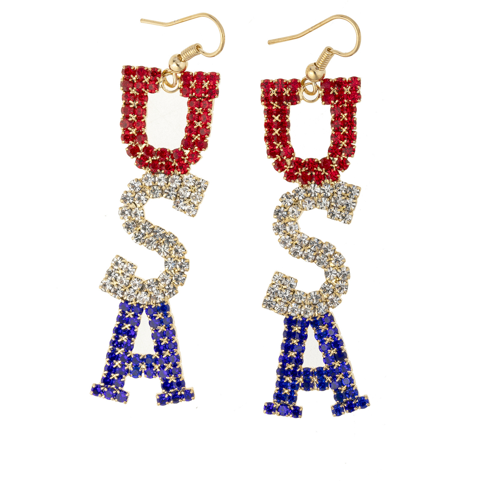 Amazon's best-selling English letter USA American flag color water diamond earrings for women, cross-border European and American full-diamond earrings for women, long style and elegant