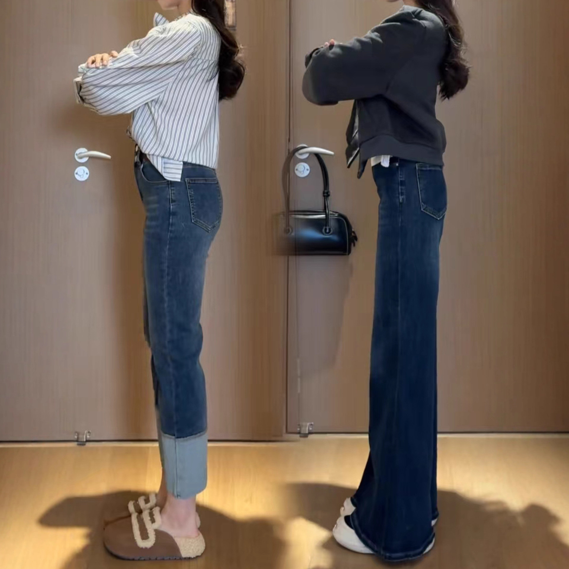 Dark blue wide-leg jeans for women, 2025 autumn new style, plus-size pear-shaped chubby girls, high-waisted, slimming, slightly flared pants Specification image