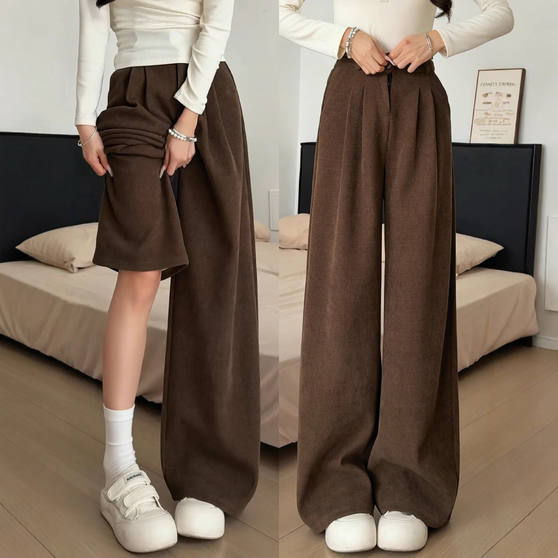 Corduroy wide-leg pants for women 2025 new style coffee-colored autumn petite casual narrow straight-leg drape suit pants full figure