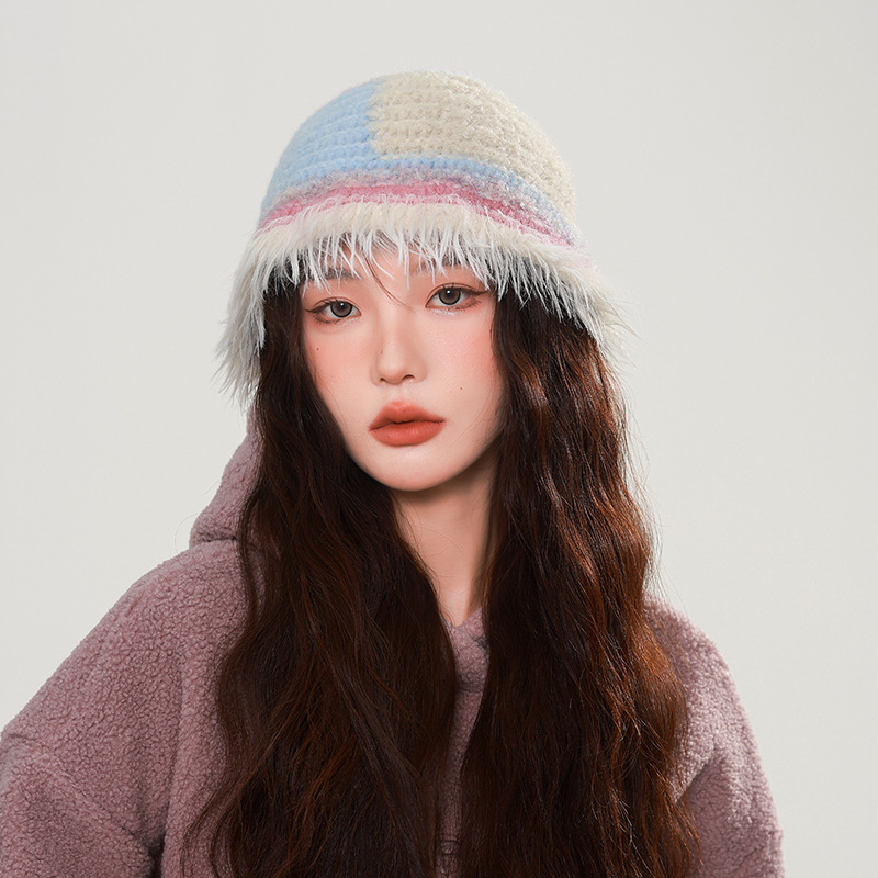 Dopamine woolen cap for women, big head circumference to show face, warm in autumn and winter, rainbow knitted ear-protecting fisherman's hat, bucket cold hat Specification image
