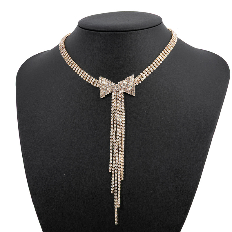 European and American cross-border luxury necklaces with full diamonds, bows and tassels, elegant and stylish. Wholesale jewelry and accessories for dinner parties details Picture