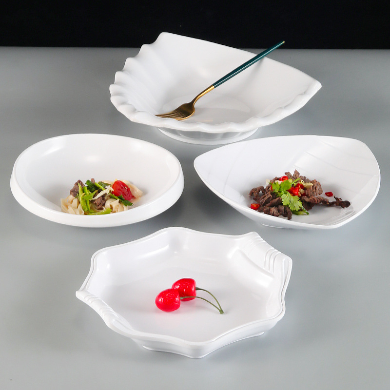Melamine tableware, white imitation porcelain irregular-shaped plates, hotel and restaurant commercial irregular cold dish plates, creative plates