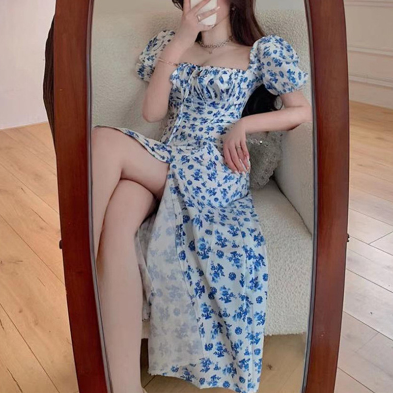 Blue floral print dress for women's summer long slit dress, elegant design sense, collarbone one-shoulder tea break French dress details Picture