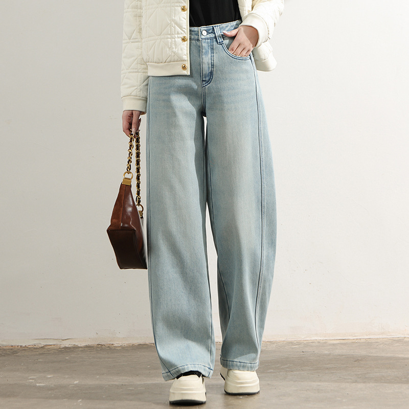 Factory direct sales of new winter fleece and thickened soft jeans for women, retro light blue patchwork loose casual sickle pants details Picture