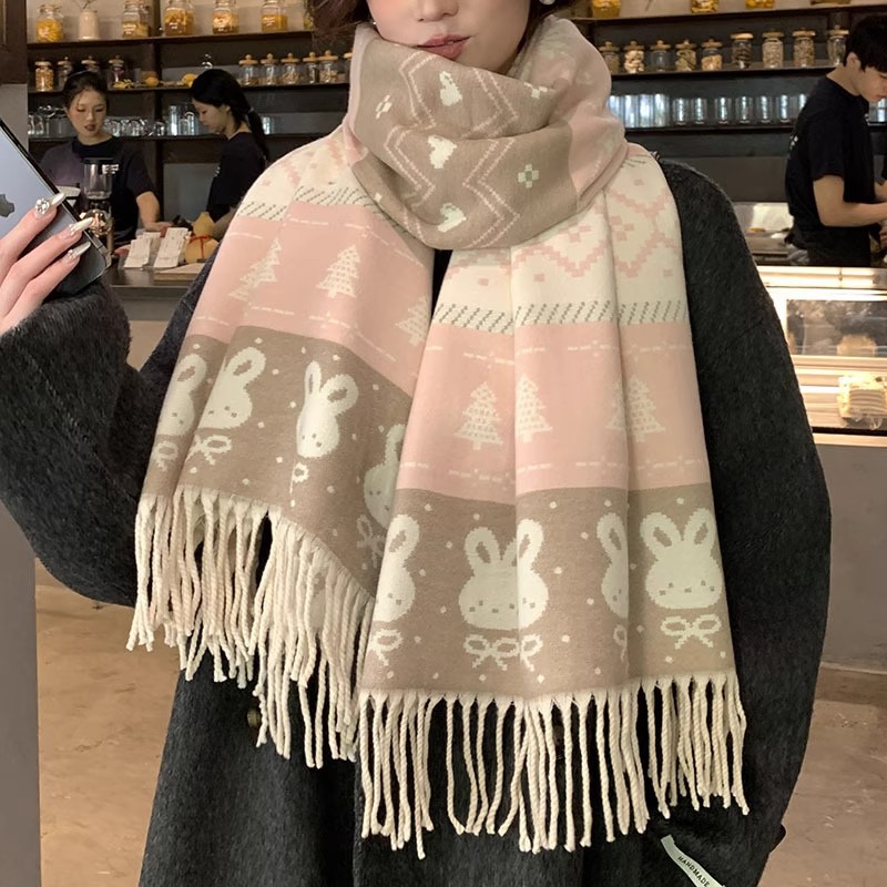 The new double-sided cartoon little rabbit scarf with tassels is super soft, cute and fresh. It's a winter scarf for students to keep warm details Picture