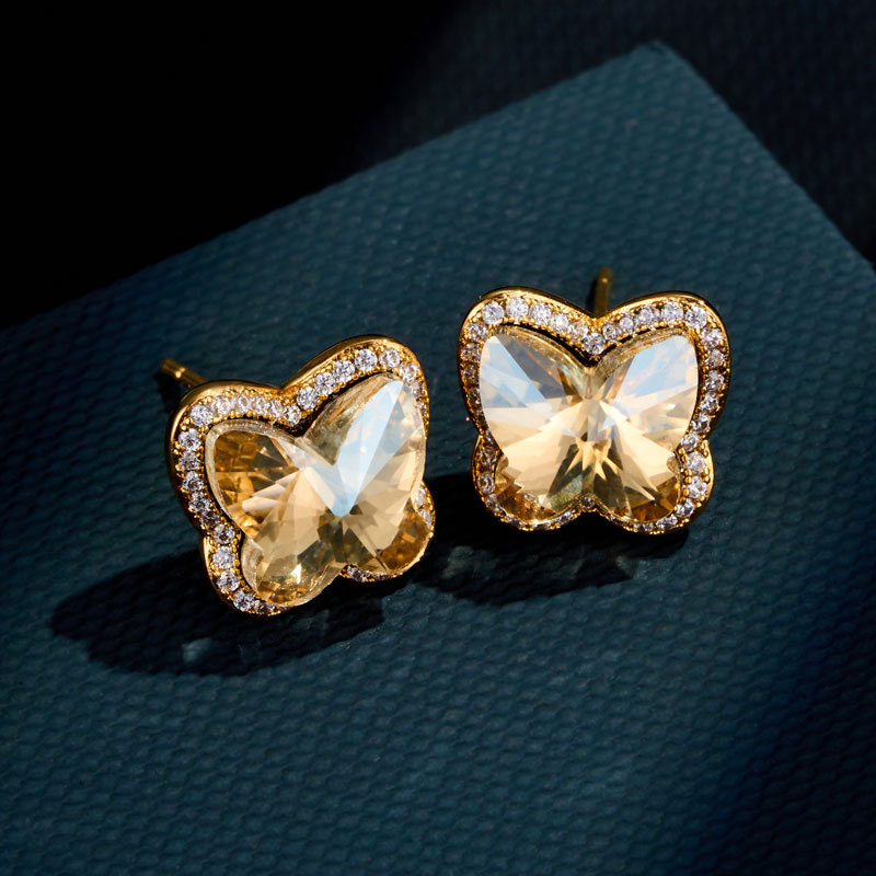 Super sparkling light luxury champagne gold butterfly stud earrings with a high-end feel, slightly studded with zirconium, factory direct supply, wholesale of best-selling earrings in stock