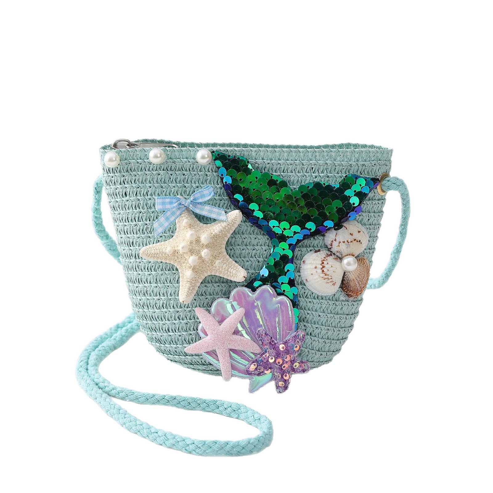 Cross-Border Straw Woven Bag, Ocean Mermaid, Ins Summer Children's Small Bag, Crossbody Bag, Girl And Princess Shoulder Bag, Loose Change Bag, Crossbody Bag, Handmade Straw Woven Bag Item Picture