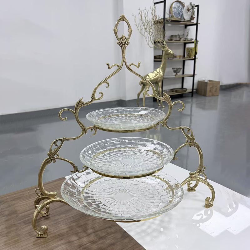 高端轻奢黄铜水晶三层果盘欧式餐桌茶几水果点心甜品台托盘摆件
