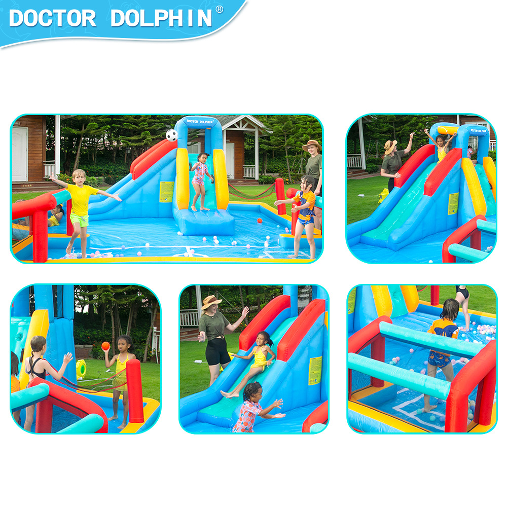The new outdoor inflatable castle slide of Doctor Dolphin comes with a shooting children's play room and a water play inflatable slide Application Scenario