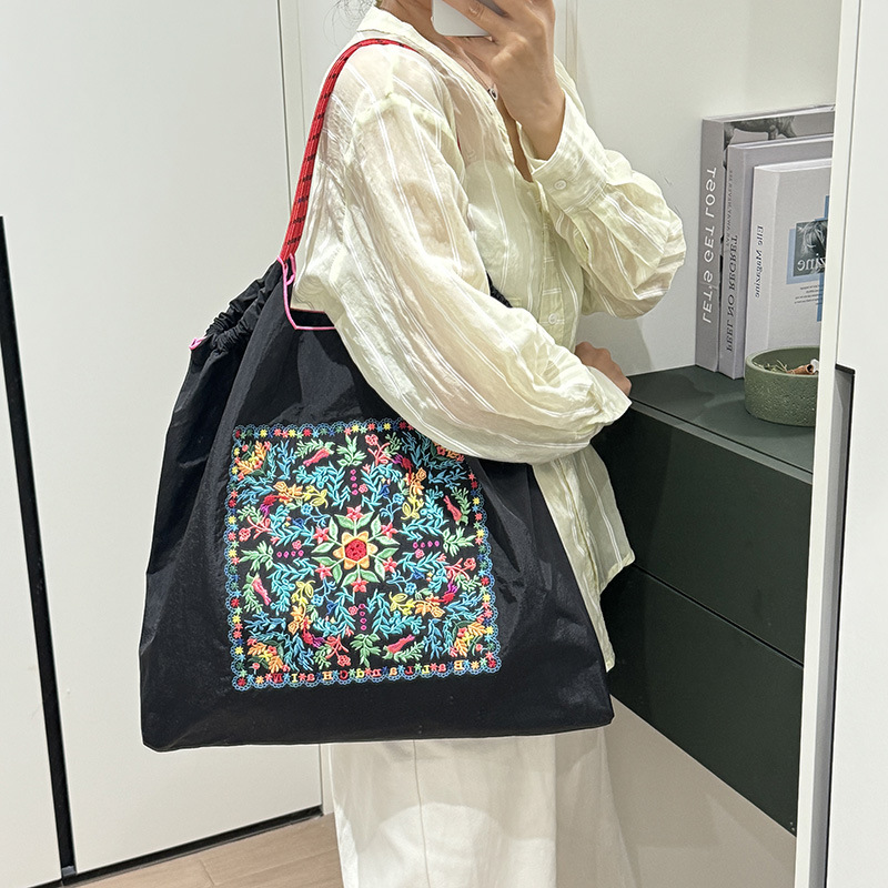 日本刺绣百花图ballchain环保袋女包斜跨袋单肩帆布包黑色手提包