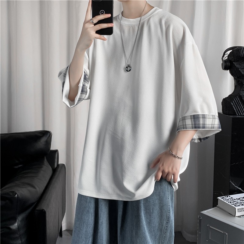 Ice Silk short-sleeved men's summer thin trendy brand cool and drape T-shirt, Hong Kong style loose, bf lazy style patchwork 7 3/4 sleeve