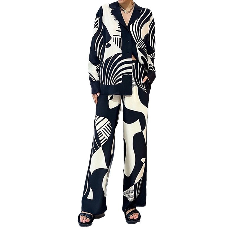 2026 Cross-border European and American women's Clothing Spring New Style Personalized Graffiti Casual Lapel Shirt Long-sleeved Fashion Set Item Picture