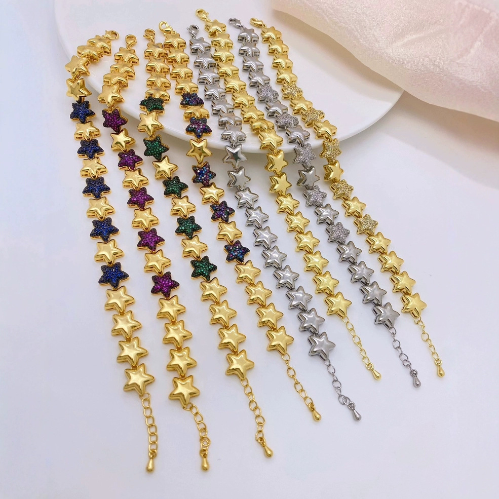 Cross-border colored zircon bracelet, European and American fashion and high-end style copper-plated 18K gold five-pointed star bracelet jewelry details Picture