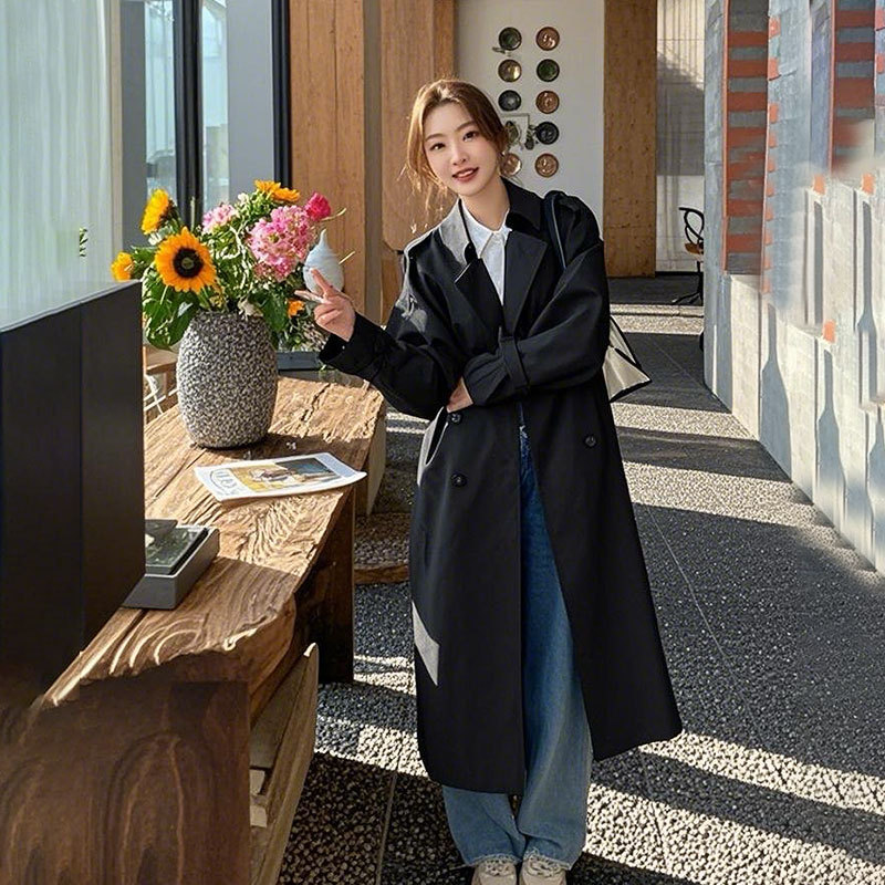 加长款过膝风衣女早春新款韩版学院风学生气质休闲黑色大衣