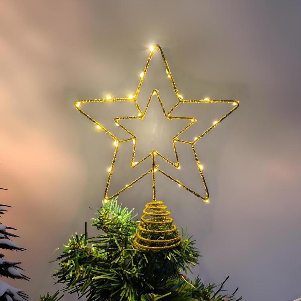 跨境新款圣诞节装饰品树顶星对氛围工艺品铁艺带灯五角星撒粉发光