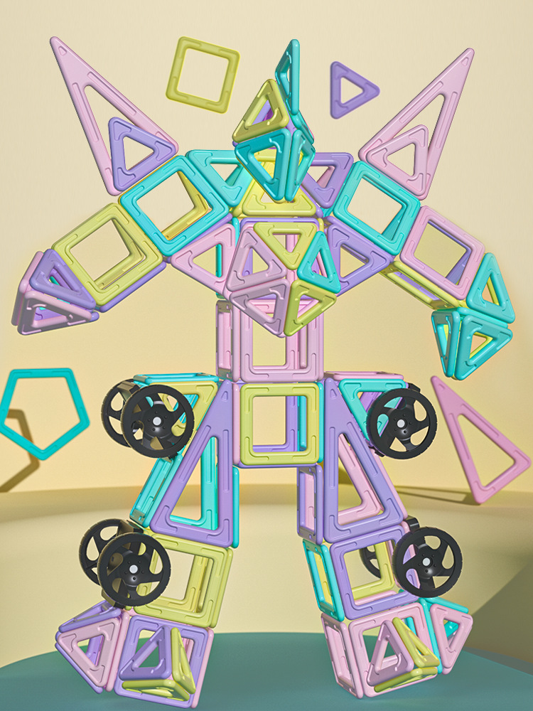 厂家直销2023新款马卡龙强磁塑料益智拼装玩具steam积木磁力片白底实物图