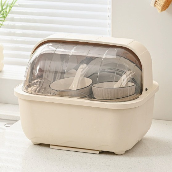 New cream-colored bowl and chopstick storage box, dish storage rack, kitchen multi-functional covered draining rack, bowl cabinet Specification image