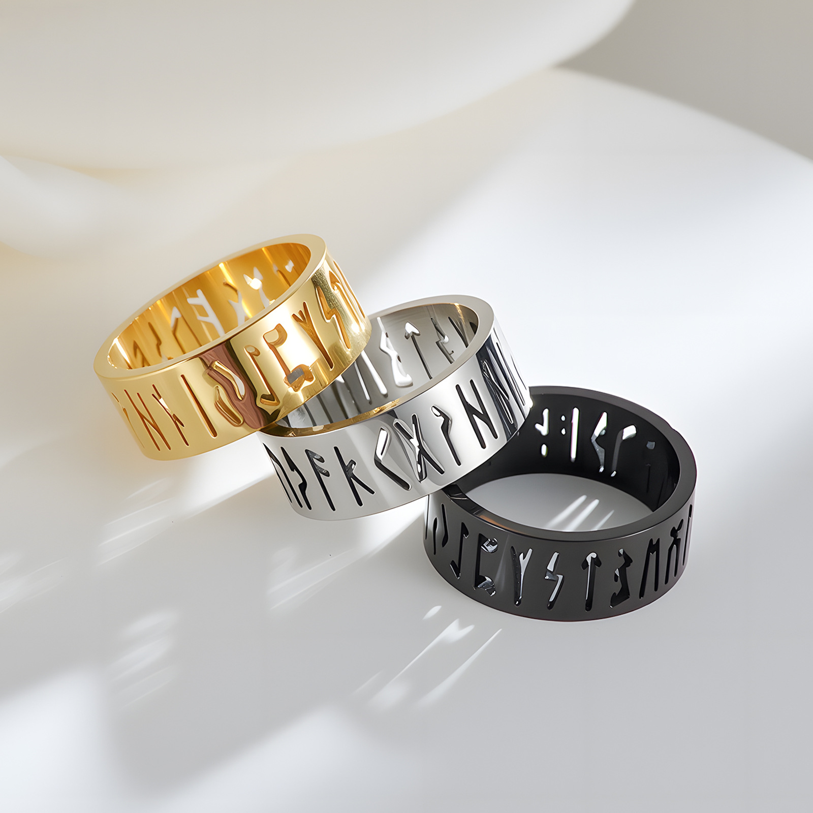 An 8MM wide stainless steel hollowed-out jewelry luen Symbol Viking letter men's ring from Amazon Europe and America does not fade details Picture