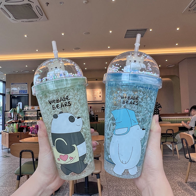 Cross-border new high-appearure-level summer Internet celebrity teddy bear cartoon plastic water cup, straw water cup, double-layer crushed ice cup Specification image