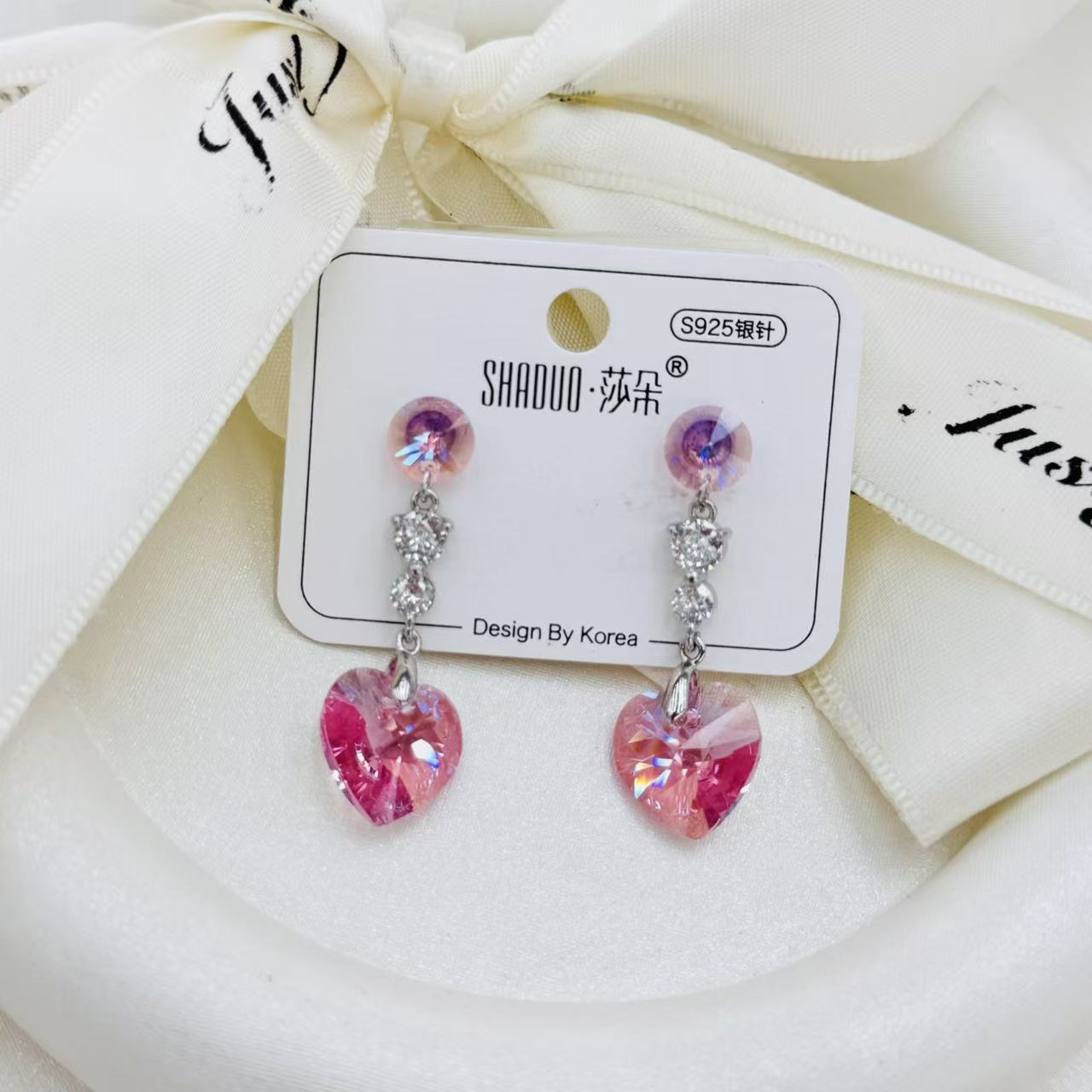 S925 Silver Needle Swarovski Crystal heart-shaped Earrings for Women, Korean style, colorful crystal long earrings, sweet earrings