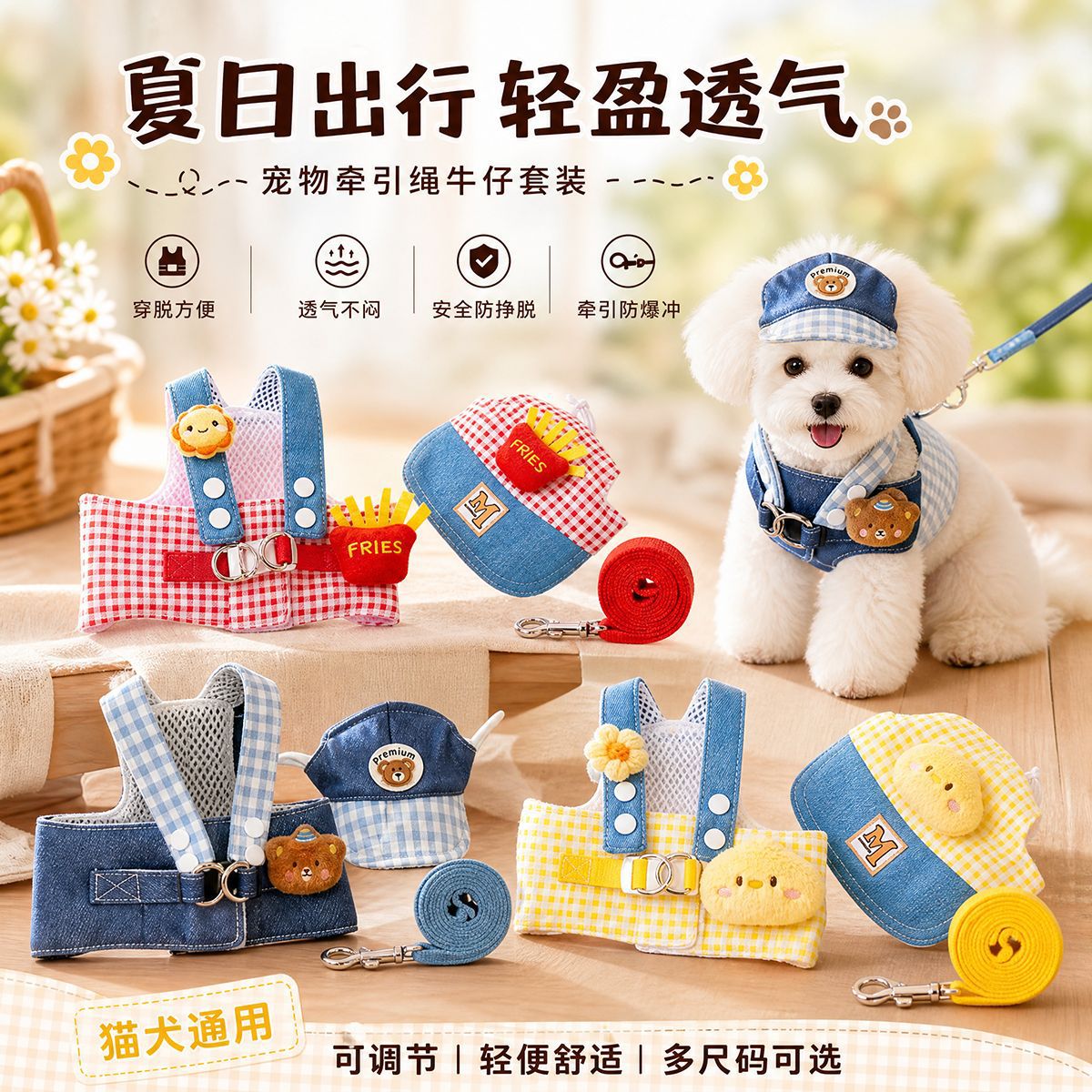 Pet denim checkered chest strap, leash, cute doll hat set, teddy bichon Frise dog walking supplies