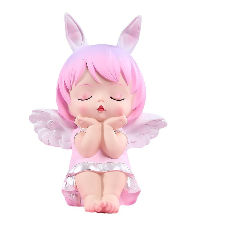 Cute rabbit angel, eight-color hair, AI toy, closed-eye prayer dress, white wings, pink background, star figure Item Picture