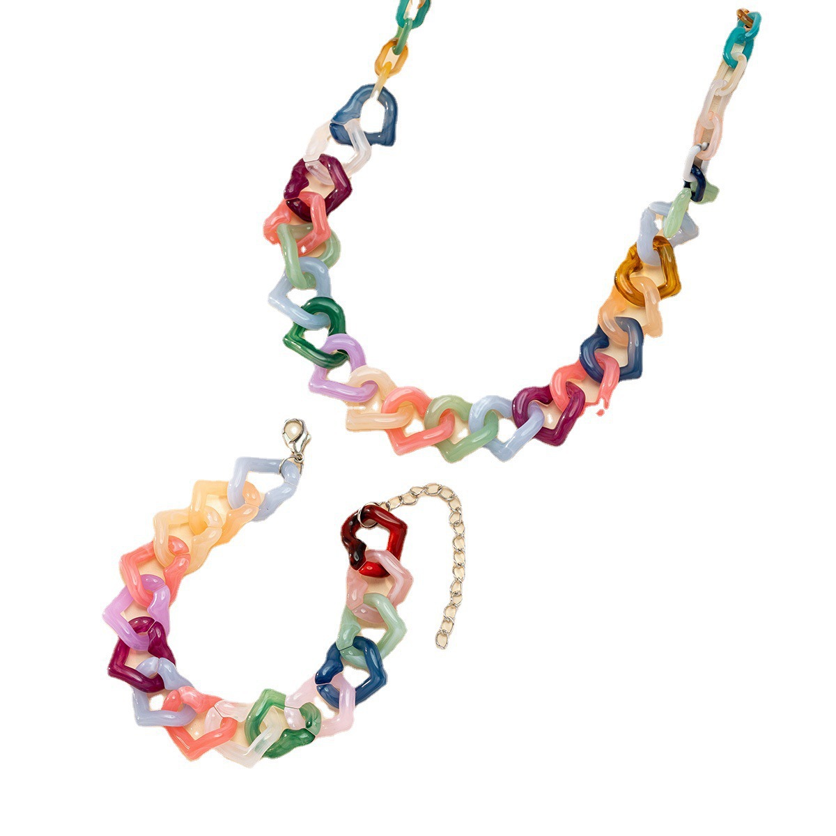 Factory direct sales of popular cross-border candy mixed color heart-shaped acrylic necklaces and bracelets from Europe and America, trendy and fashionable jewelry for women Item Picture