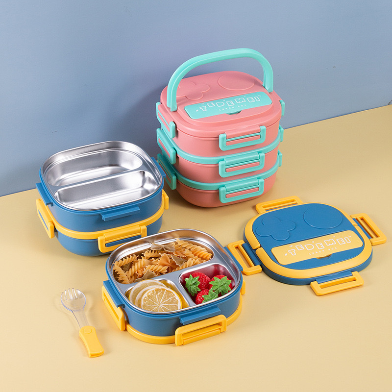 New layered stainless steel insulated lunch box, sealed student and children's compartments lunch box with tableware, portable bento box