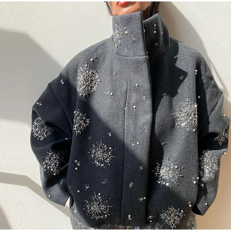 European and American cross-border 2024 Autumn/winter women's jacket, personalized street loose single-breasted stand-up collar floral sequined jacket