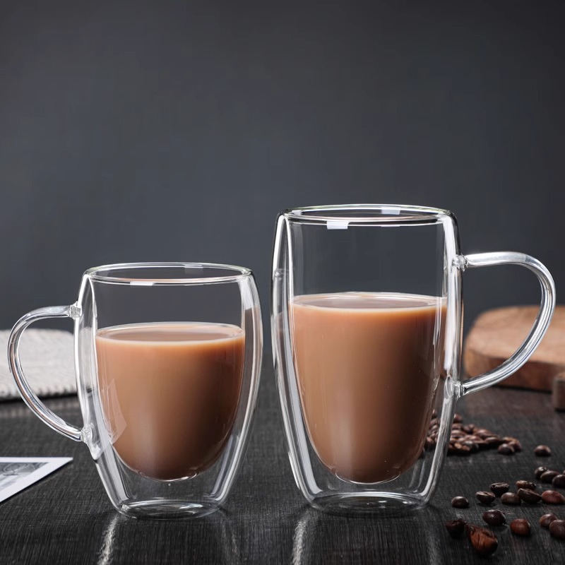 Transparent glass double-layer cup, household milk tea, coffee drinking cup with handle, heat-insulating tea brewing cup, high borosilicate tea