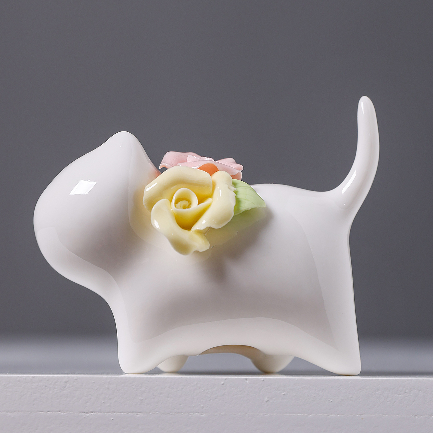 2026, a creative home tabletop decoration ceramic flower arrangement featuring hand-molded miniature cats in a jade-like white color details Picture