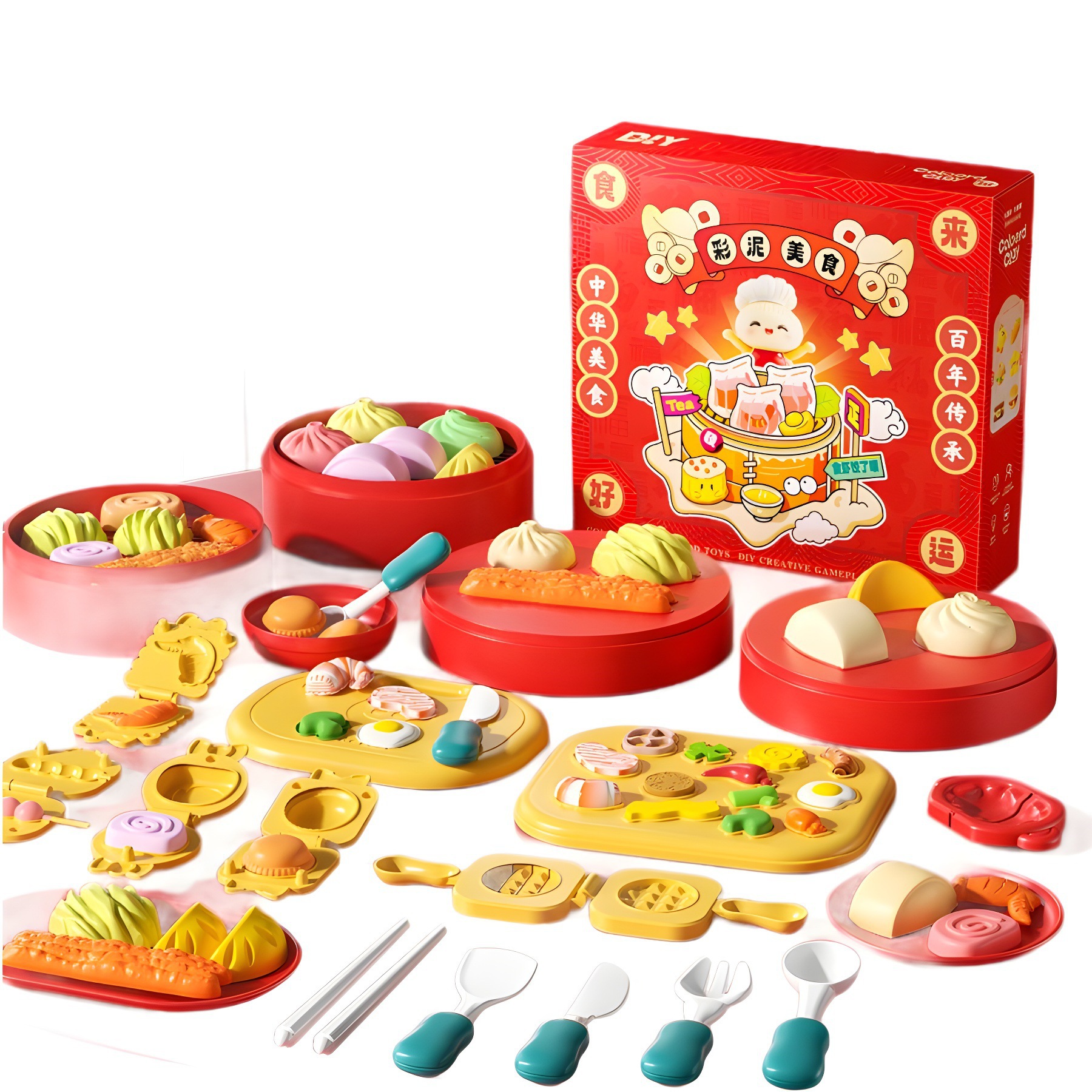 【彩泥玩具】国潮美食彩泥套装儿童玩具黏土模具过家家女孩礼物白底实物图