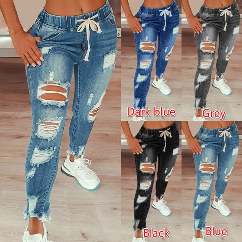 Amazon AliExpress cross-border European and American tight-waisted women's jeans, high-waisted ripped small leg lace-up long pants