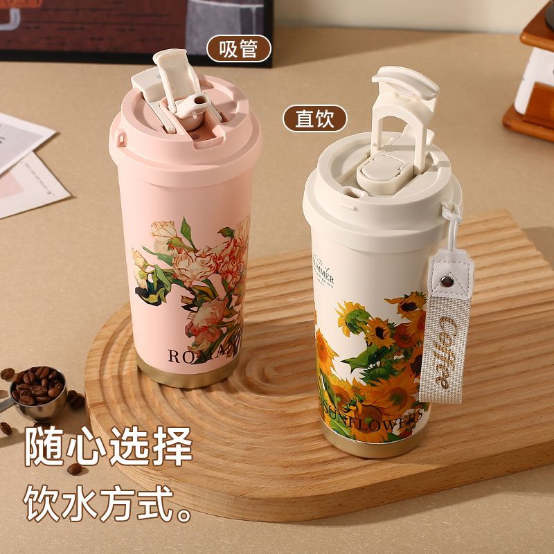 Van Gogh insulated cup Coffee cup for girls 2024 New high appearance level Double drinking Cup Lily of the Valley Gift Water cup customization details Picture