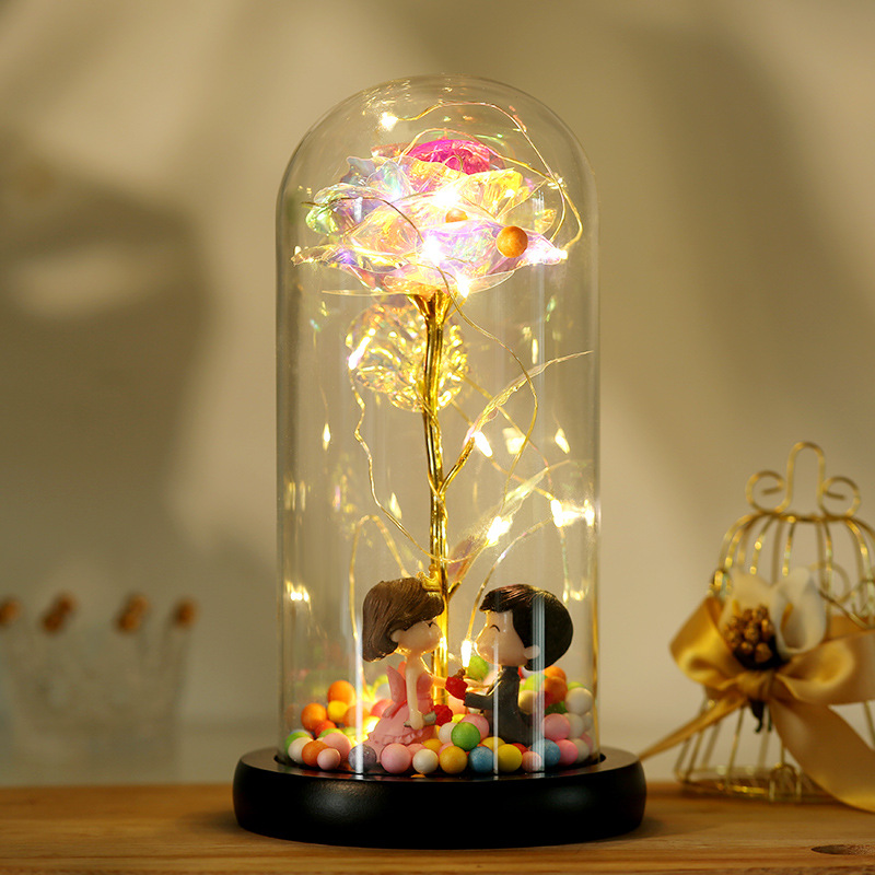 Valentine's Day gift: Seven-color 24k gold foil flower gold imitation with light, eternal rose glass cover gift box set full figure