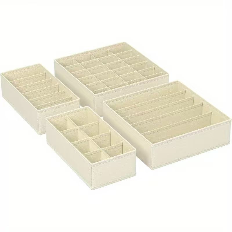 Beige separated underwear storage box, four-piece set, sock drawer storage, fabric 6-compartment, 7-compartment, 8-compartment, 24-compartment storage box