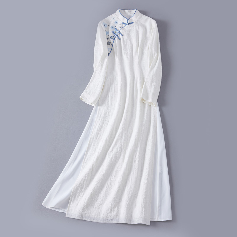 Autumn and winter Chinese-style tea-wearing women's all-cotton jacquard embroidery modified ao dai cheongsam slimming dress