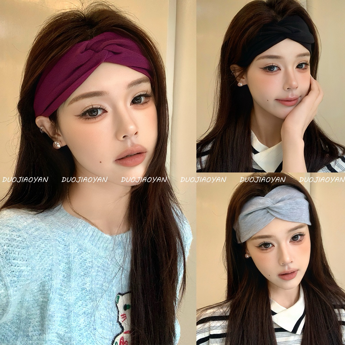The new solid-color cross hair band, a popular online celebrity, is a simple and versatile fashion headwear. It features wide edges, elastic sports, sweat-absorbing and hair-tying bands for women details Picture