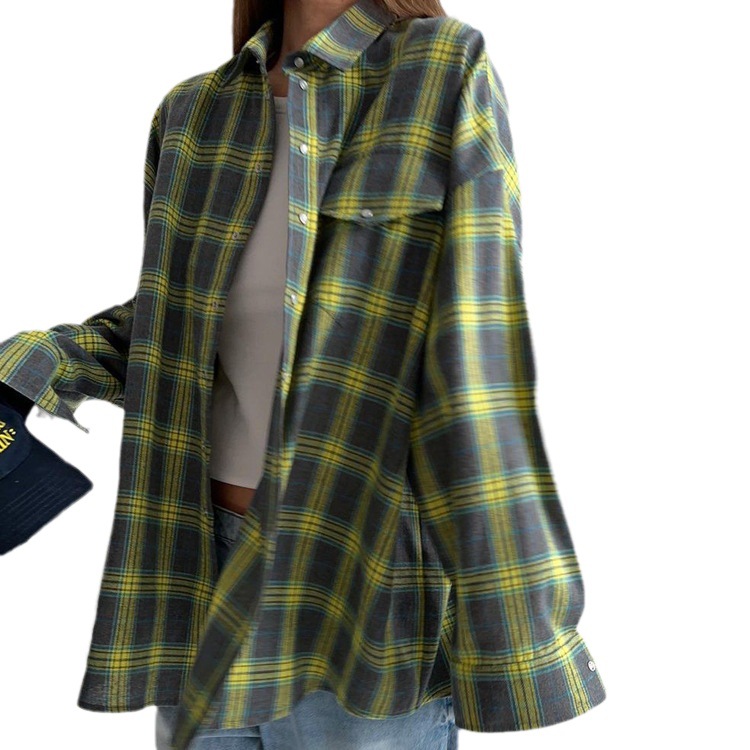 Amazon cross-border retro style versatile lapel loose shirt 2023 autumn plaid long-sleeved pocket women's shirt Item Picture