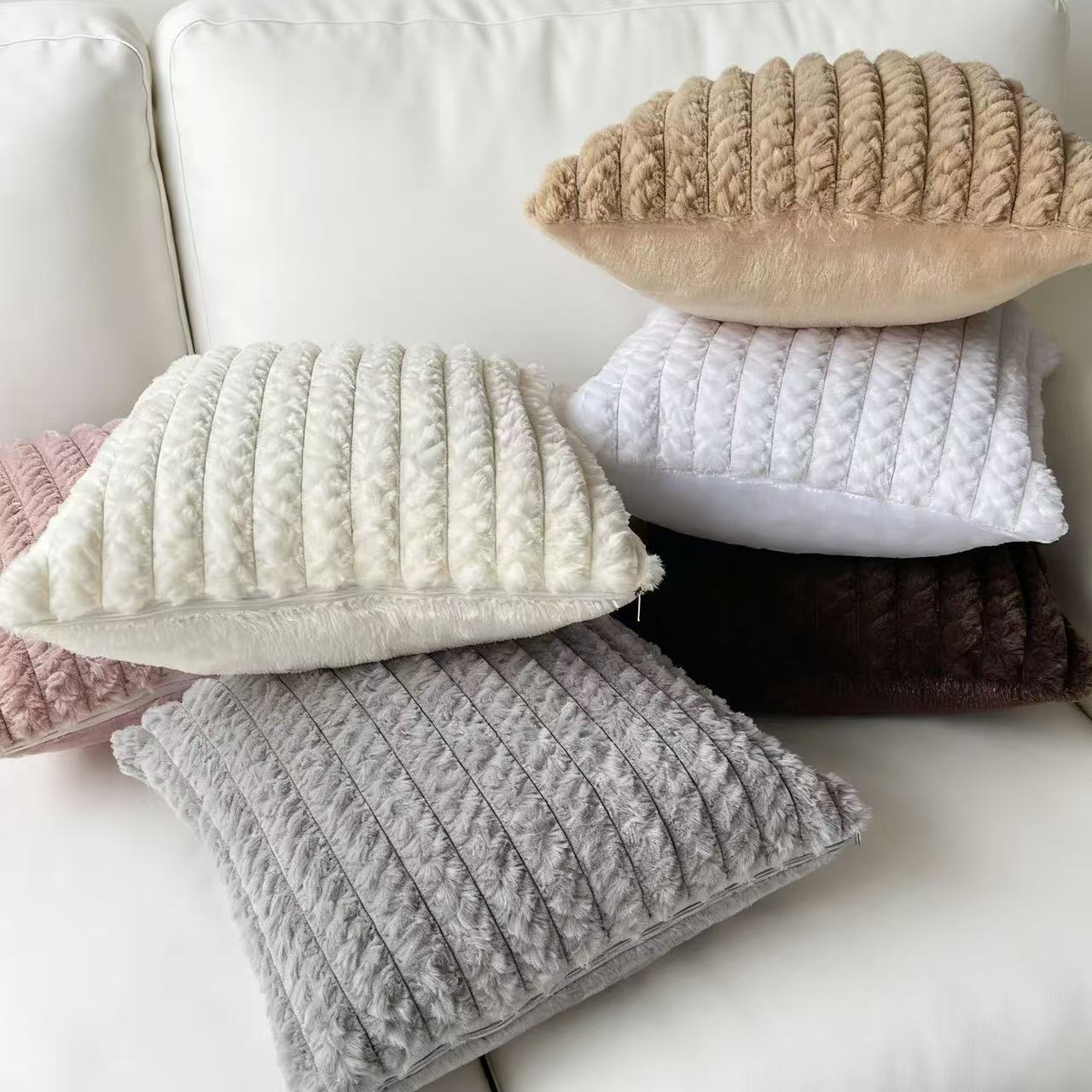 Cross-border Nordic minimalist rabbit fur striped brushed sofa pillowcase, light luxury bedroom soft and sticky cushion, home solid color cushion details Picture