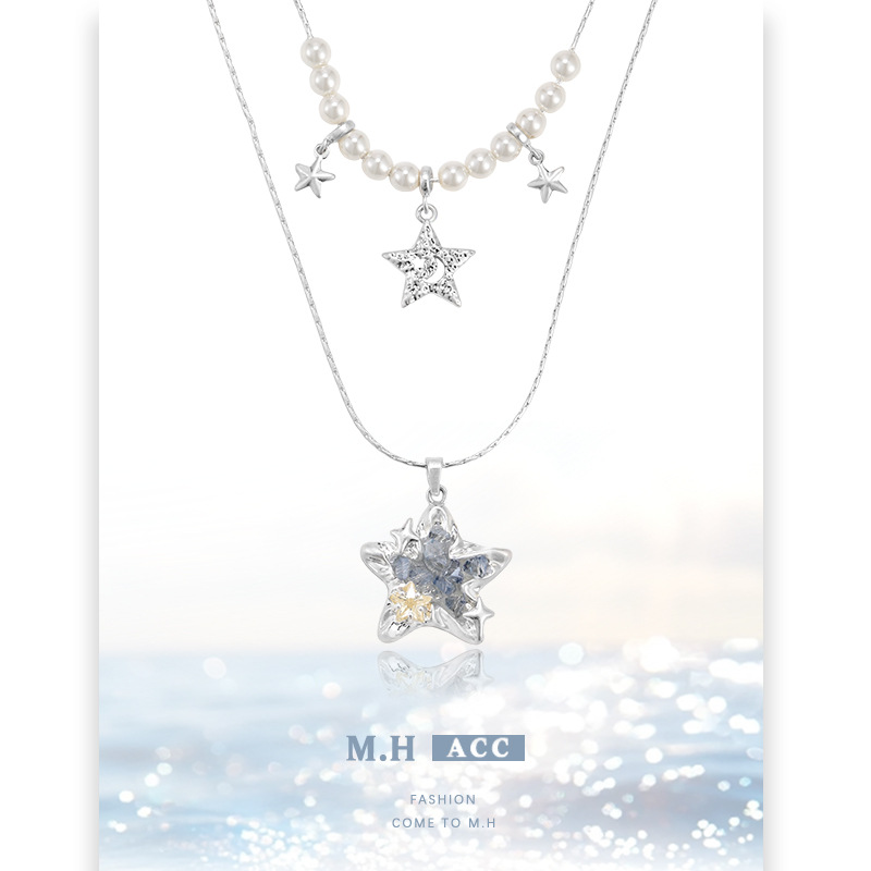 【 Customized 】 Star Sea Shiguang Star Pendant Necklace, original design for women, exquisite, sweet and cool, double-layer layered collarbone chain
